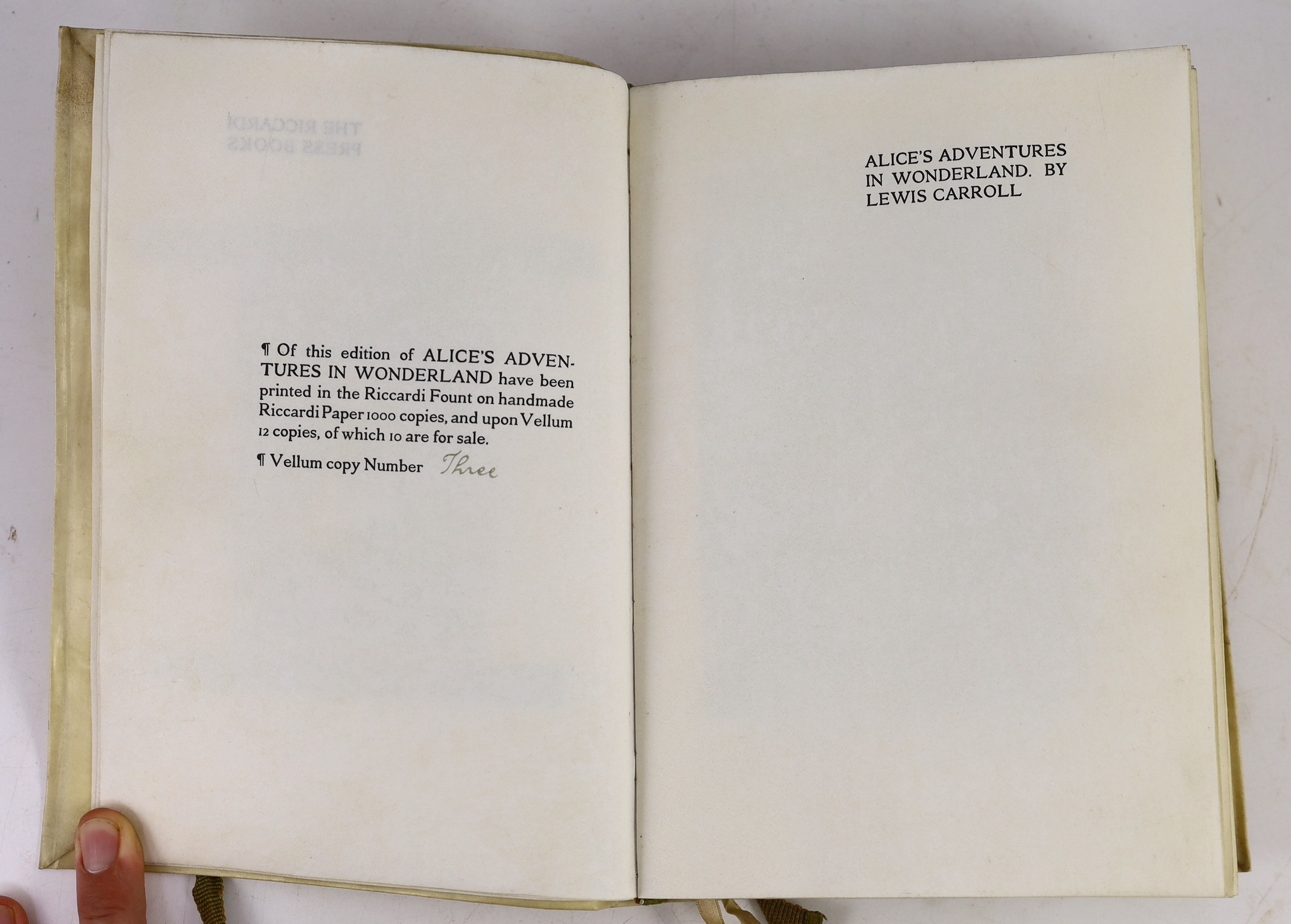 [Dodgson, Rev. Charles Lutwidge] - Alice's Adventures in Wonderland. By Lewis Carroll ... Limited Edition (of 1,000 numbered copies - but one of the additional only 12 printed on vellum). frontis and num. text illus (by